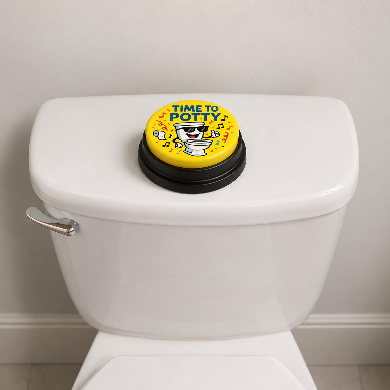 Time to Potty music button placed on a toilet tank in a bright, styled family bathroom