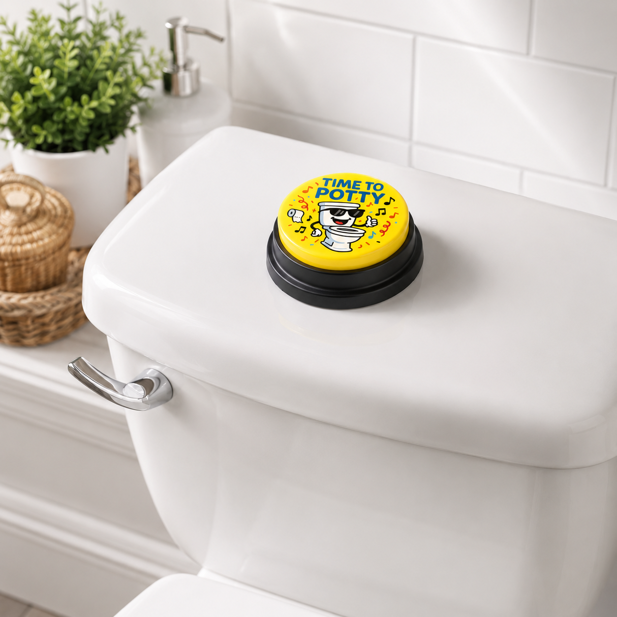 Time to Potty music button sitting on the tank of a clean, modern white toilet in a bright bathroom