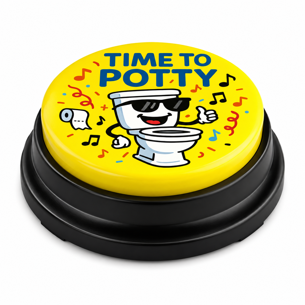 Close-up of the Time to Potty music button showing the yellow top, printed artwork, and black base