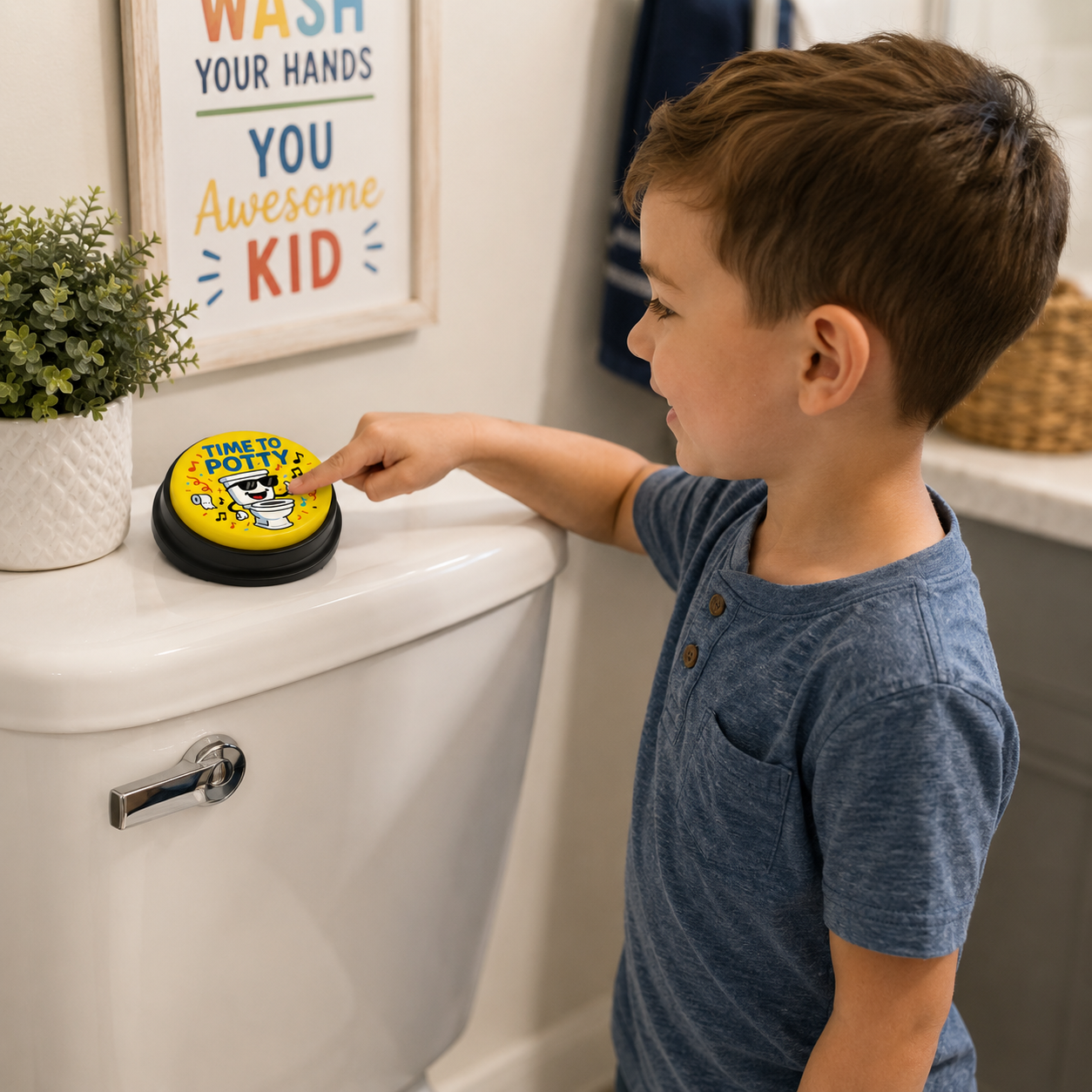 A young boy pressing the Time to Potty button on top of a toilet tank