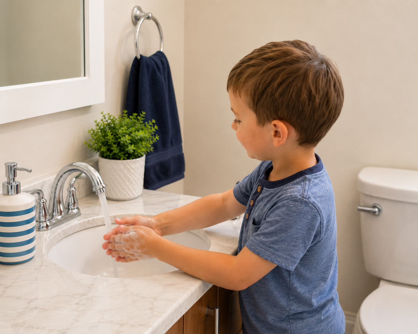 A young boy washing his hands with soap at the bathroom sink